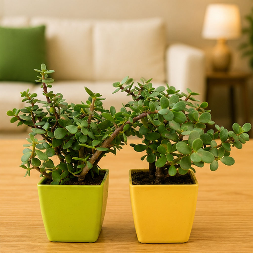 Set of 2 Jade Plants in Decorative Pots | Live Indoor Good Luck Succulent Plants for Home & Office | AlpineCart