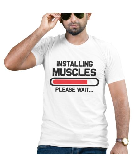 Gym Workout Cotton T-Shirt with Installing Muscles Quote