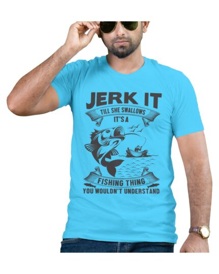 Fishing Theme Light Blue Cotton T-shirt with Funny Graphic