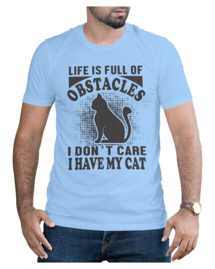 Light Blue Cotton T-Shirt for Cat Lovers Who Ignore All Obstacles