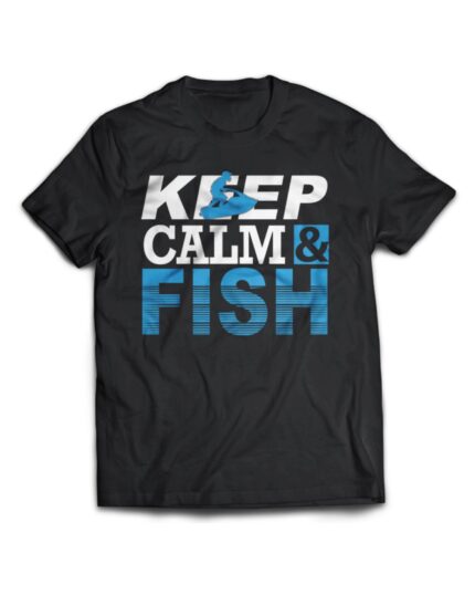 Keep Calm and Fish Angler T-Shirt Black Cotton Casual Wear with Cool Jet Ski Design
